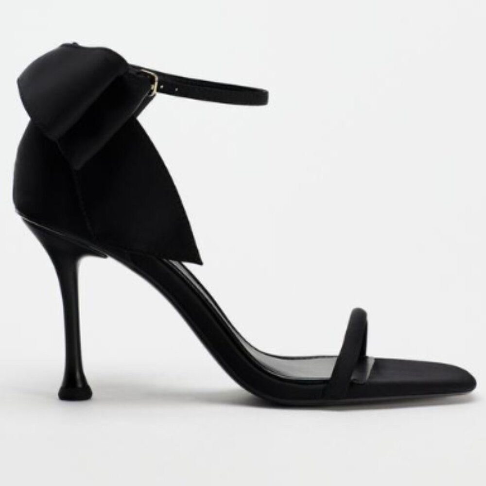 Zara Black Satin Bow High Heel Sandals - NIB